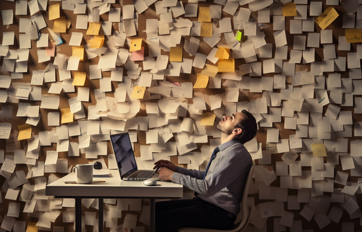 un homme est assis devant son ordi et a l'aise épuisé. En fond un énorme mur avec plein de post-its dessus.