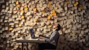 un homme est assis devant son ordi et a l'aise épuisé. En fond un énorme mur avec plein de post-its dessus.