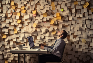 un homme est assis devant son ordi et a l'aise épuisé. En fond un énorme mur avec plein de post-its dessus.