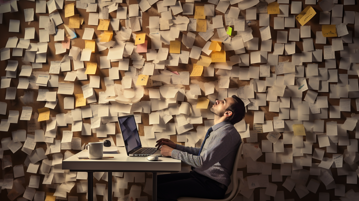 un homme est assis devant son ordi et a l'aise épuisé. En fond un énorme mur avec plein de post-its dessus.