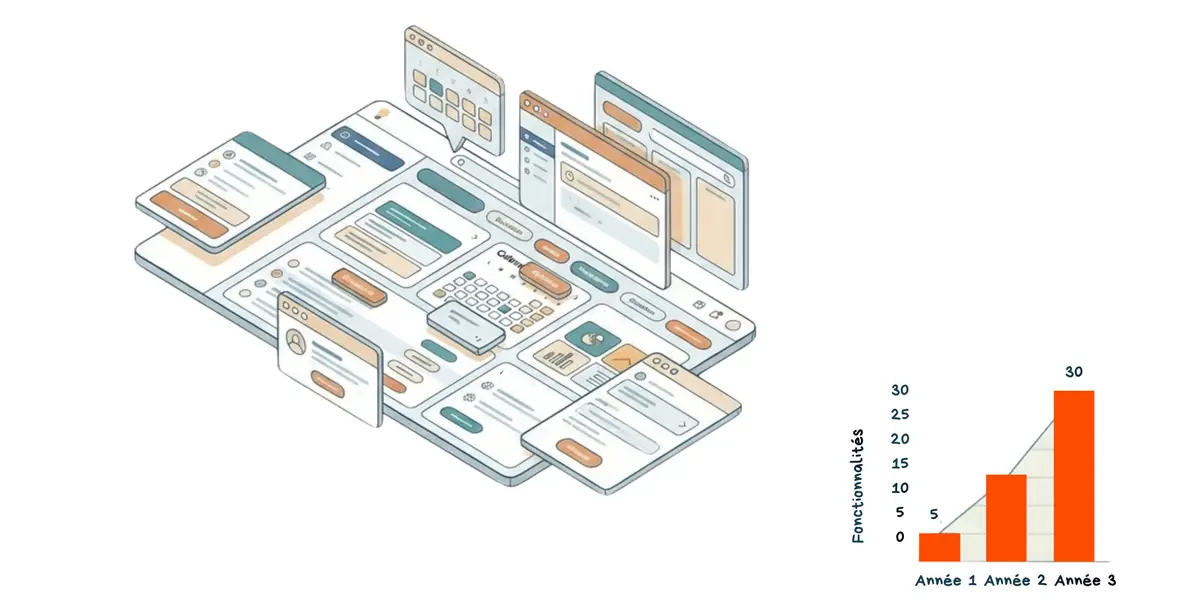 1. Création exponentielle de nouvelles fonctionnalités, illustration de l’article L’IA et le Product Management : « Vision First »